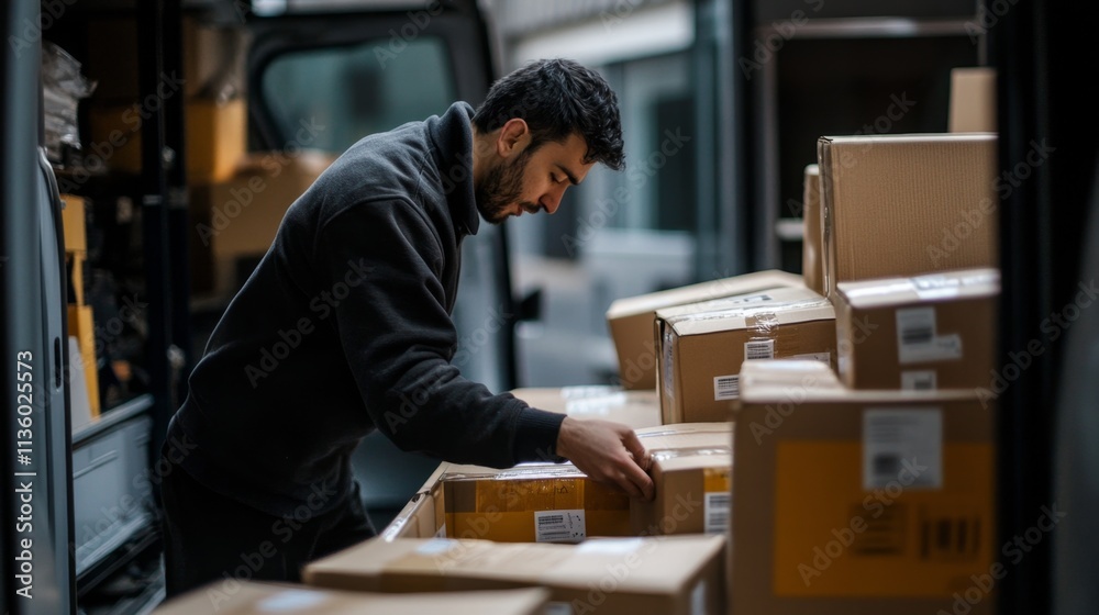Delivery worker organizing packages urban warehouse indoor scene busy environment close-up view logistics efficiency