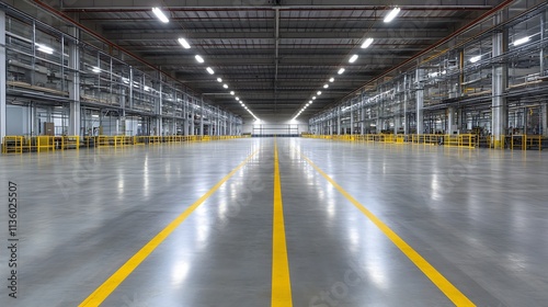 Obraz na płótnie Spacious Modern Warehouse Interior with Polished Concrete Floors : Generative AI w salonie
