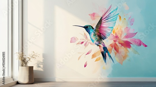 Watercolor Hummingbird Artwork With Floral Design photo