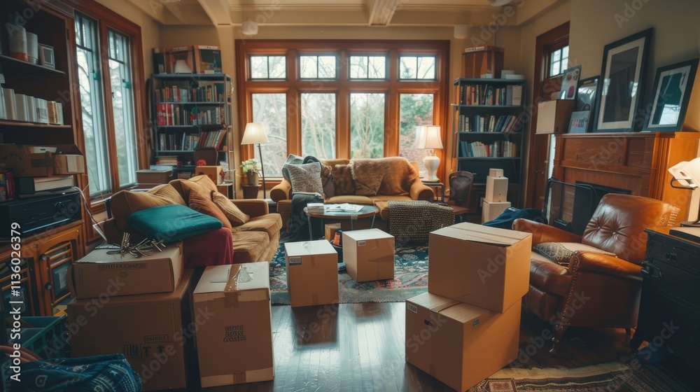 Cozy Living Room with Packing Boxes and Natural Light in a Spacious Home Setting, Perfect for Relocation or Moving Day Inspiration Cozy Living Room with Packing Boxes and Natural Light in a Spacious Home Setting, Perfect for Relocation or Moving Day Inspiration