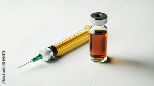 Captivating composition of medical vials and syringe on smooth white background showcasing pharmaceutical artistry and precision photo