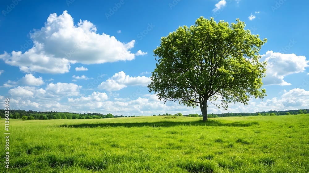 Serene Landscape with Lone Tree on Sunlit Green Field Under Blue Sky and Fluffy Clouds : Generative AI Serene Landscape with Lone Tree on Sunlit Green Field Under Blue Sky and Fluffy Clouds : Generative AI