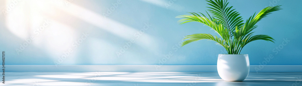 Sunlit green palm in white pot on serene blue background. Sunlit green palm in white pot on serene blue background.