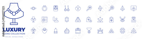 Luxury icons collection. Thin Line icons, editable stroke. gold bars, chair, crystals, engagement, gem, jewelry, luxury, pendant, ring, red carpet, luxury shop, necklace, shopping bag