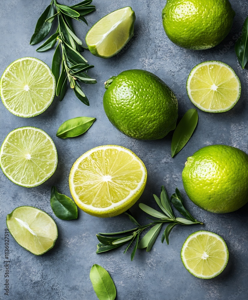 Fresh whole and sliced limes with leaves on textured surface emphasizing citrus freshness and vitality : Generative AI