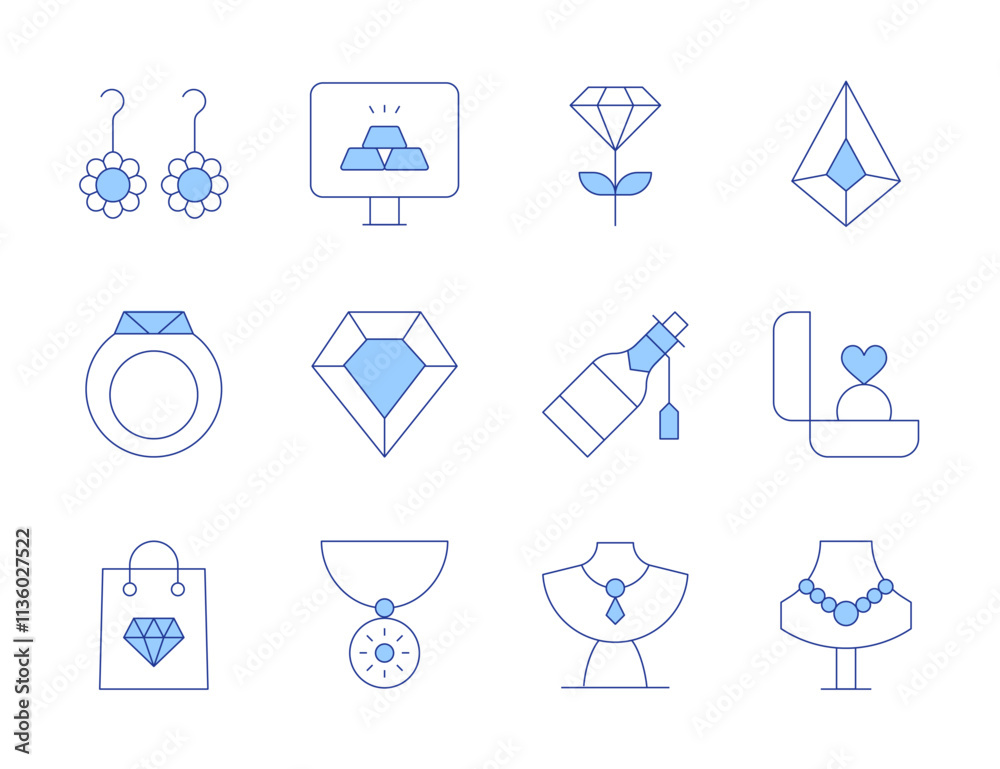 Luxury icons. Line Duotone style, editable stroke. collection, excellence, gems, gold, pendant, shopping bag, engagement, jewelry, ring, necklace, earrings Luxury icons. Line Duotone style, editable stroke. collection, excellence, gems, gold, pendant, shopping bag, engagement, jewelry, ring, necklace, earrings