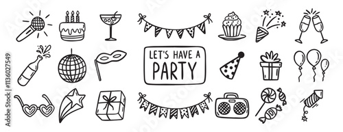 Party event or Birthday doodle icon element doodle hand drawn icon set. Outline drawing party, carnival celebration concept line clipart symbol collection. sketch birthday cake, balloon, decoration