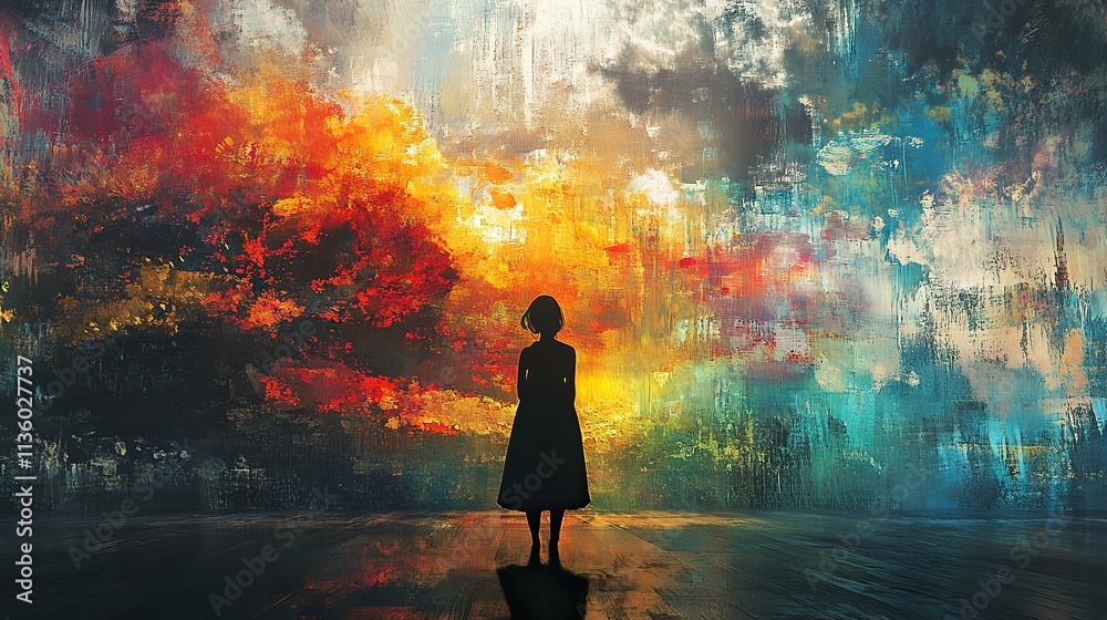 Fototapeta premium Silhouette Woman Facing Abstract Sunset Painting