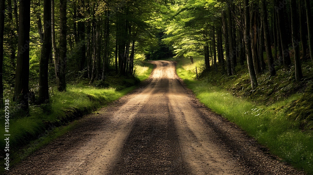 Fototapeta premium Serene Dirt Road Winding Through Lush Green Forest with Sunlight Filtering Through Trees : Generative AI