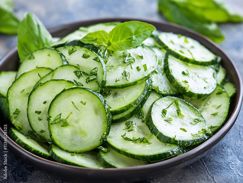 Fresh Sliced Cucumber Salad with Basil and Dressing for Healthy Vegetarian Eating : Generative AI Fresh Sliced Cucumber Salad with Basil and Dressing for Healthy Vegetarian Eating : Generative AI