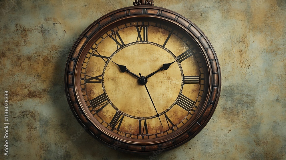 Fototapeta premium Vintage Round Wall Clock with Roman Numerals and Antique Textured Background : Generative AI