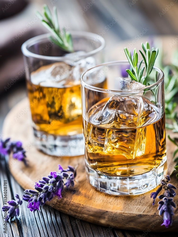Two Glasses of Whiskey with Lavender Garnish on Wooden Board : Generative AI Two Glasses of Whiskey with Lavender Garnish on Wooden Board : Generative AI