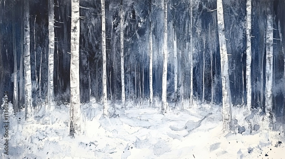 Fototapeta premium Abstract Winter Birch Forest Watercolor Painting