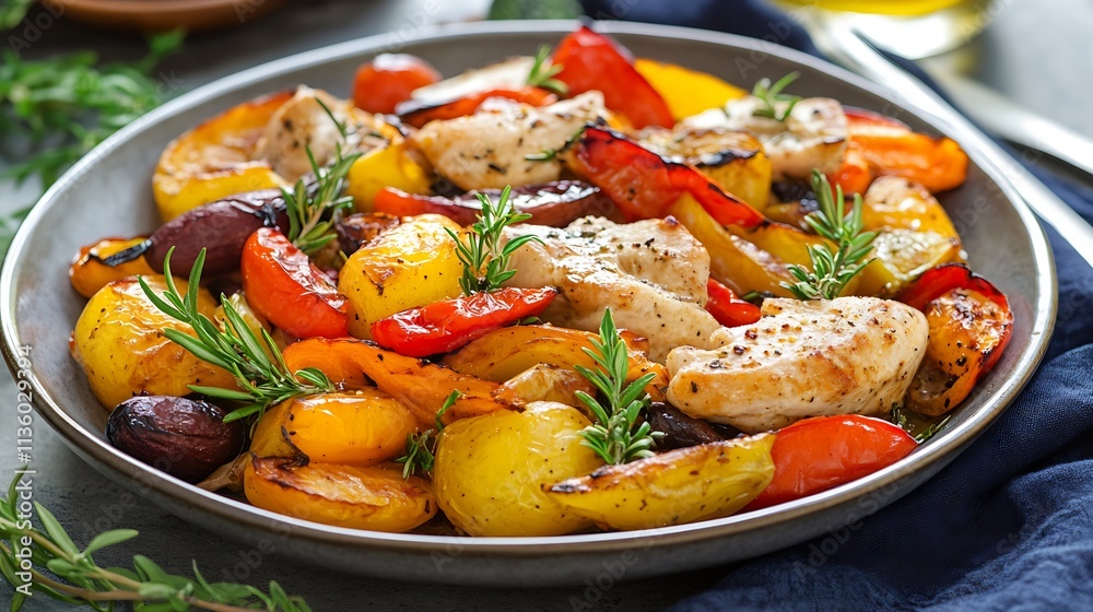 Roasted Chicken and Mixed Vegetables with Fresh Herbs Served on Rustic Plate : Generative AI Roasted Chicken and Mixed Vegetables with Fresh Herbs Served on Rustic Plate : Generative AI
