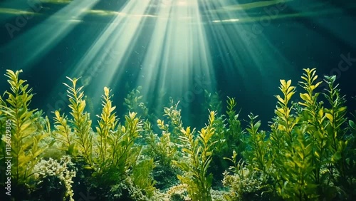 Sunlight penetrates the water illuminating a lush underwater scene teeming with vibrant aquatic plants. A peaceful and tranquil moment captured beneath the ocean's surface. photo