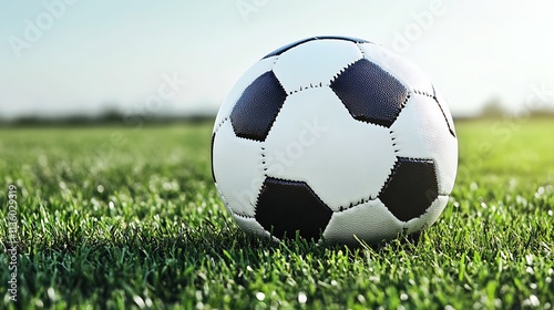 Classic Black and White Soccer Ball on a Fresh Green Grass Field : Generative AI