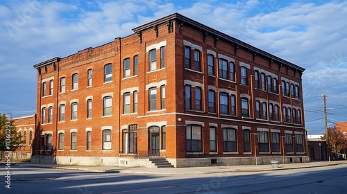 Historic Red Brick Building Under a Blue Sky in an Urban Setting : Generative AI