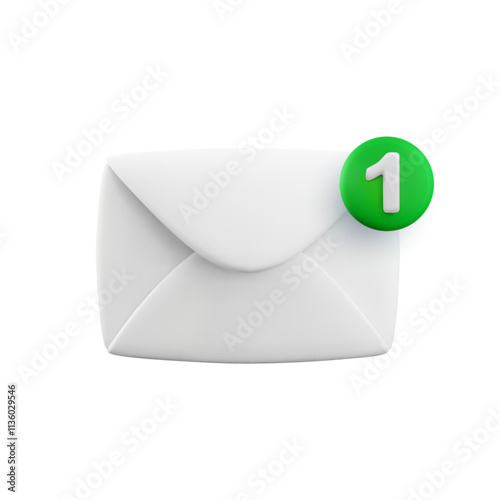 Vector cartoon 3d New message icon. Realistic 3d render envelope and green notification number 1 sign. Email incoming message notification, unread mail symbol. Design element for social media app, web