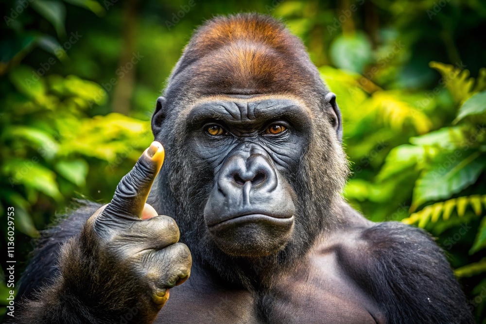 Obraz premium Aerial Photography Gorilla Middle Finger: Hilarious Primate Gesture, Funny Ape Photo, Wildlife Photography, Silverback Joke