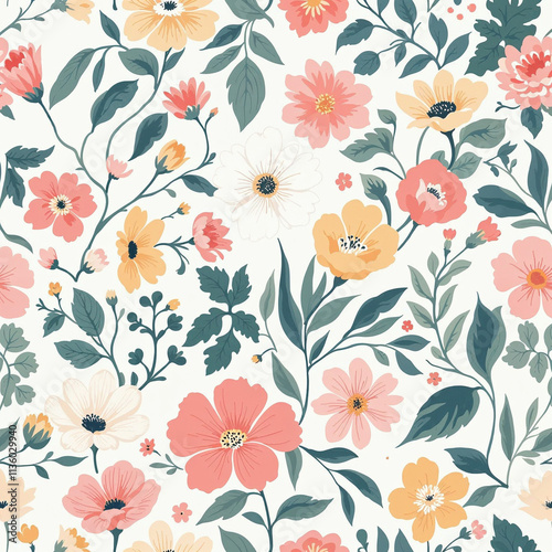 Wallpaper Mural Seamless pattern with flowers and leaves, floral background, romantic background Torontodigital.ca