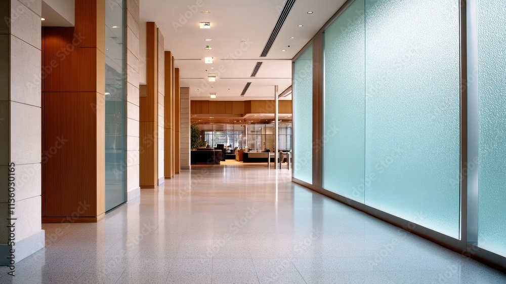 Fototapeta premium Minimalistic industrial lobby featuring sleek steel partitions and modern design elements for a contemporary atmosphere.
