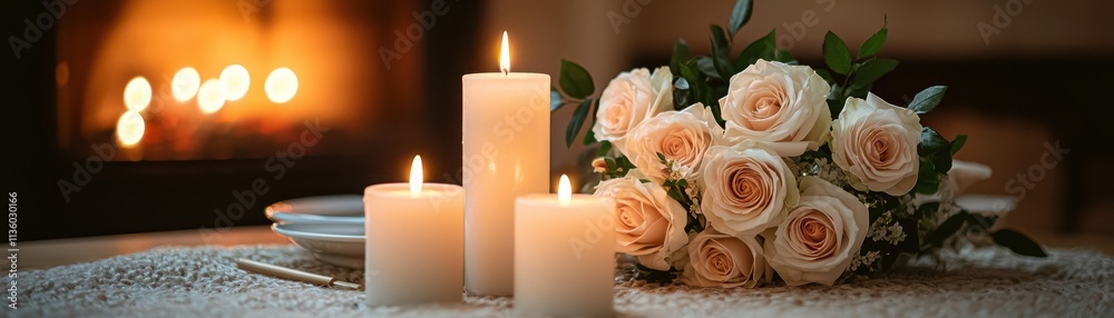 Romantic arrangement of soft pink roses beside lit candles creating a cozy and inviting atmosphere for a heartfelt celebration or intimate occasion Romantic arrangement of soft pink roses beside lit candles creating a cozy and inviting atmosphere for a heartfelt celebration or intimate occasion