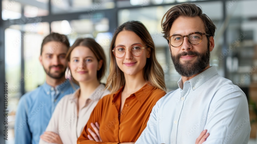 Obraz premium A diverse group of smiling professionals stands confidently in an office setting, showcasing teamwork and collaboration.