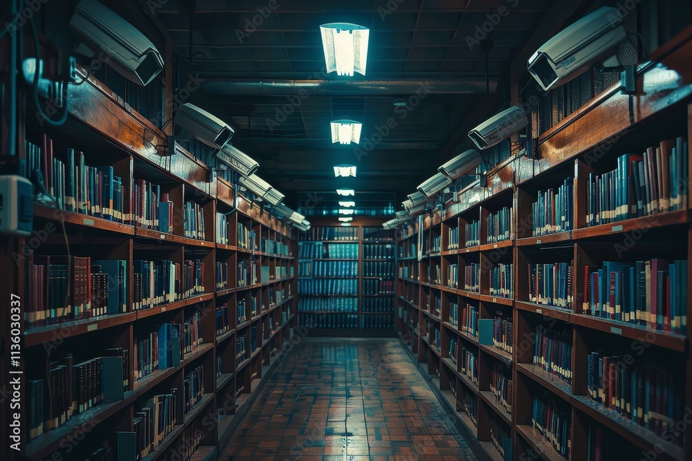 A dimly lit library corridor with rows of bookshelves and surveillance cameras overhead, A dystopian library with surveillance cameras and forbidden books locked away A dimly lit library corridor with rows of bookshelves and surveillance cameras overhead, A dystopian library with surveillance cameras and forbidden books locked away