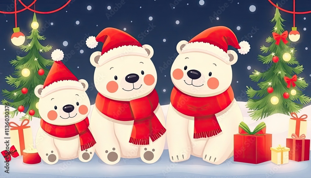 Cute Polar Bears with Christmas Hats Surrounded by Winter Decorations Vector Art. Free Christmas Background. Chrismas Wallpaper. Cool Wallpaper 4k Cute Polar Bears with Christmas Hats Surrounded by Winter Decorations Vector Art. Free Christmas Background. Chrismas Wallpaper. Cool Wallpaper 4k