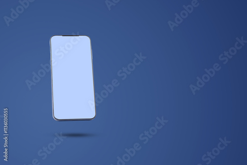 Smartphone with glowing blank screen on dark blue background. Advertisement mockup. Copy space. Advertisement background. photo