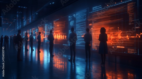 Obraz na płótnie Data-Driven Decisions: A group of professionals analyze data displayed on large screens in a futuristic, tech-driven environment. The scene evokes a sense of innovation, collaboration. w salonie