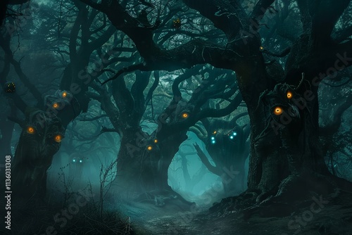 A spooky forest with glowing eyes on the trees and a foggy pathway leading into the darkness, A eerie forest with twisted trees and glowing eyes peering out photo