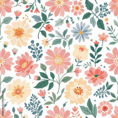 Seamless pattern with flowers and leaves, floral background, romantic background