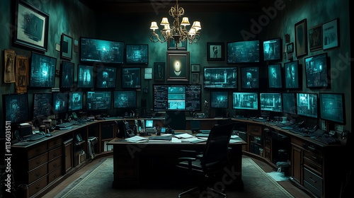 The Surveillance Room: A chillingly atmospheric image of a dimly lit, opulent office filled with numerous screens displaying cryptic surveillance footage. photo