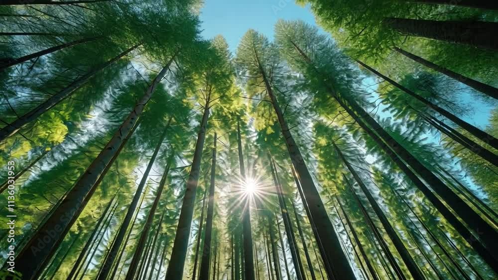 Sunlight Through Tall Trees: A low-angle perspective of a dense forest, showcasing the sun shining through the tall trees, creating a sense of serenity and awe.
