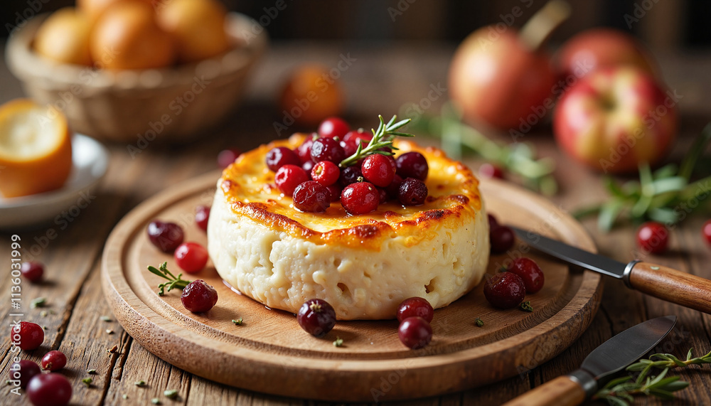 Baked cheesecake topped with cranberries and rosemary on wooden board. Baked cheesecake topped with cranberries and rosemary on wooden board.