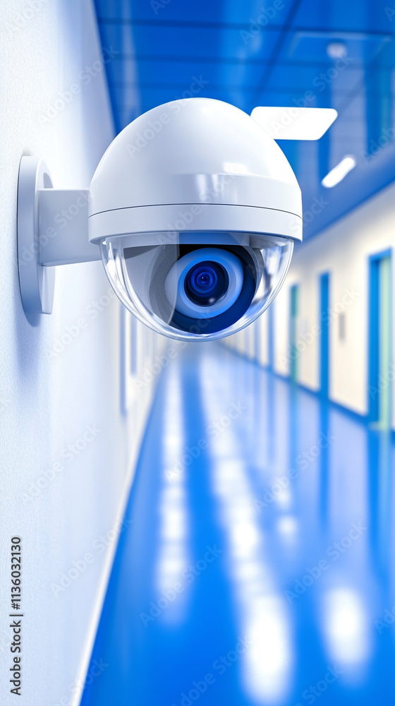 CCTV surveillance camera in modern blue corridor ensuring security and monitoring in the building. CCTV surveillance camera in modern blue corridor ensuring security and monitoring in the building.