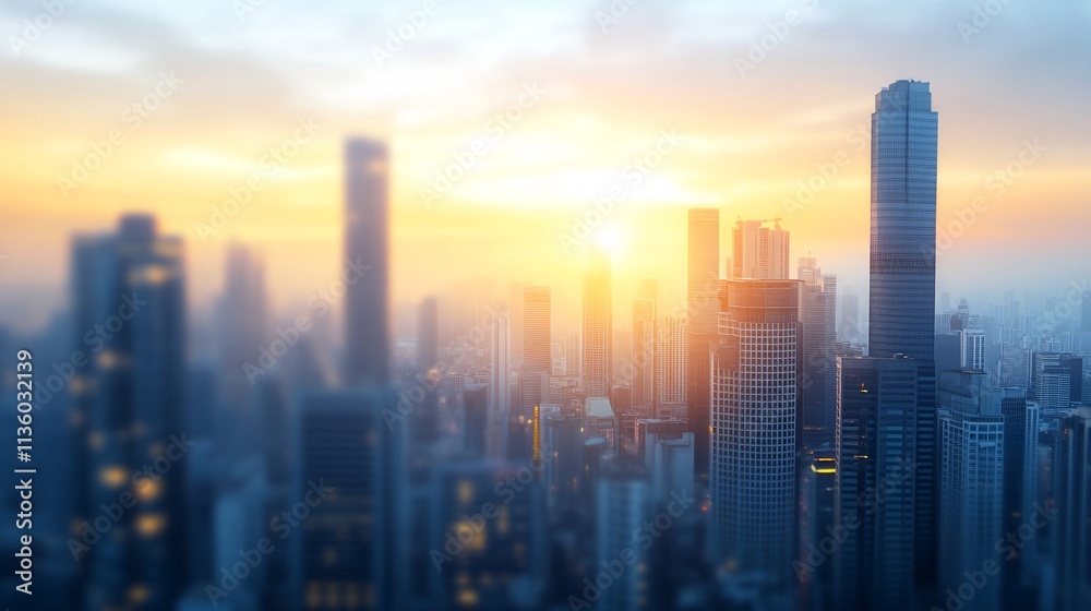 Fototapeta premium A city skyline at sunset, showcasing tall buildings silhouetted against a colorful sky, creating a serene urban landscape.