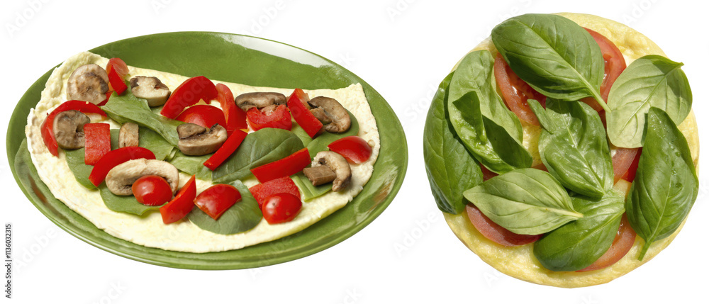 Vegetable omelets with mushrooms, peppers, and spinach isolated with transparent background Vegetable omelets with mushrooms, peppers, and spinach isolated with transparent background