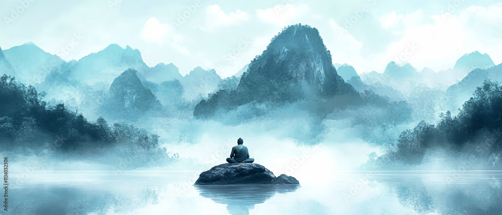 Meditation on a floating rock illuminating tranquility in a serene mountain landscape Meditation on a floating rock illuminating tranquility in a serene mountain landscape