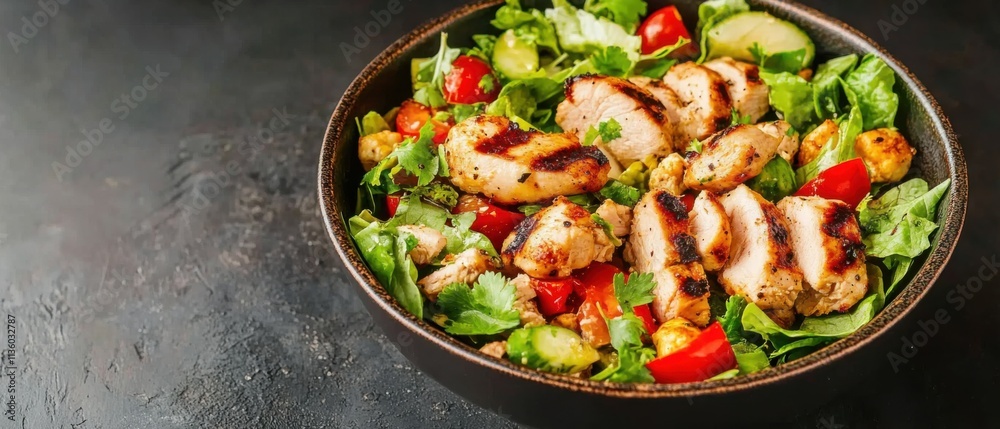 Delicious Grilled Chicken Salad with Fresh Vegetables and Croutons Delicious Grilled Chicken Salad with Fresh Vegetables and Croutons