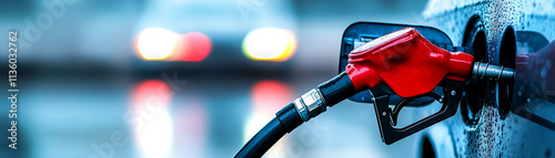 Close-up of a red fuel nozzle in a car at gas station with blurred background lights.