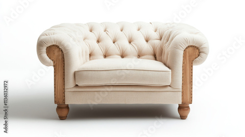 Elegant beige chesterfield armchair with wooden accents in minimalist design