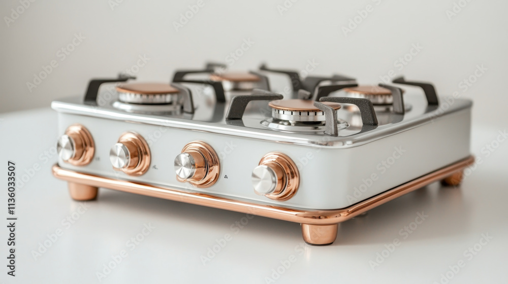 Retro style compact gas stove with copper accents Retro style compact gas stove with copper accents