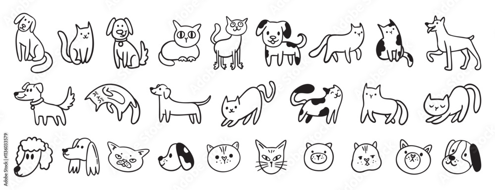 Obraz premium cute dogs and cats doodle hand drawn icon set. Sitting, standing. Outline drawing cats and dogs faces line clipart symbol collection