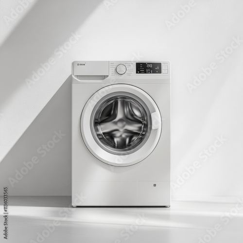 Modern white front load washing machine in sunlit minimalist setting photo