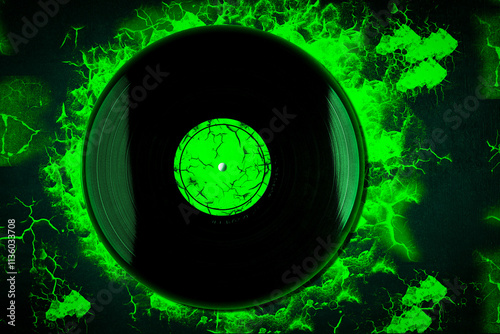 Vintage vinyl record on a bright green cracked background. Music