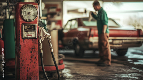 Vintage gas station scene with classic car and retro fuel pumps in warm sunlight photo