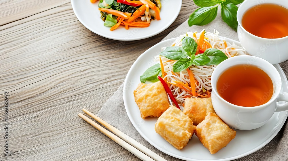 Chinese food tea appetizer concept. Delicious Asian meal with tea, noodles, and vegetables on a wooden table. Chinese food tea appetizer concept. Delicious Asian meal with tea, noodles, and vegetables on a wooden table.
