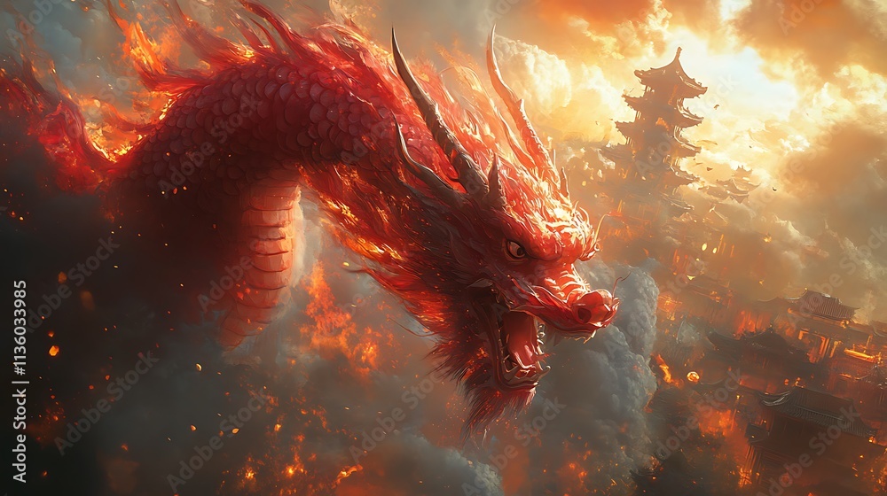 Fiery Red Dragon Soaring Over Burning Asian Temples